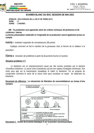 Première page de Examen Blanc de SVT — Tle D — CEG1 Adjarra (2020)