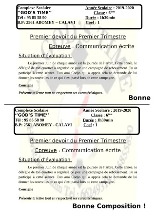Première page de Histoire-Géographie 6e — Composition, 1er trimestre (2019-2020) · CPEG GOD'S TIME