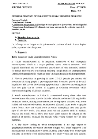 Première page de Anglais 1ère C, 1ère D — 2e devoir surveillé, 2e semestre (2019-2020) · CEG L'Entente
