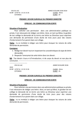 Première page de Français 4e — 1er devoir surveillé, 1er semestre (2018-2019) · CEG du Lac