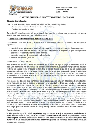 Première page de Espagnol 1ère A, 1ère B — 1er devoir surveillé, 3e trimestre (2019-2020) · CPEG LE PHARAON