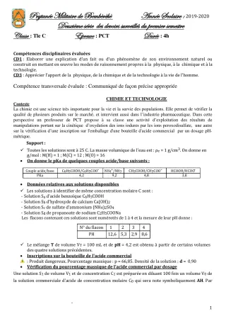 Première page de PCT Tle C — 2e devoir surveillé, 1er semestre (2019-2020) · PMB