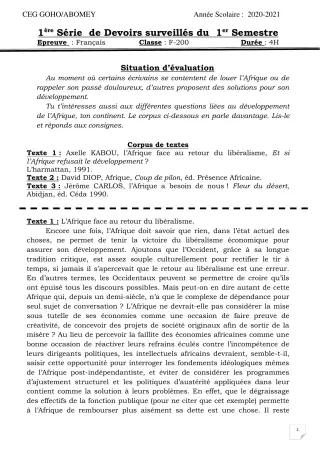 Première page de Français Tle A & B — 1er devoir surveillé, 1er semestre (2020-2021) · CEG GOHO