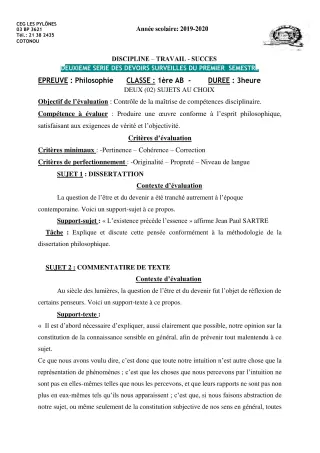Première page de Philosophie 2nde A & B, 2nde A1, 2nde A2, 2nde B, 2nde C, 2nde D, 1ère A1, 1ère A2, 1ère B, 1ère C, 1ère D, Tle A1, Tle A2, Tle B, Tle C, Tle D — 2e devoir surveillé, 1er semestre (2019-2020) · CEG Le