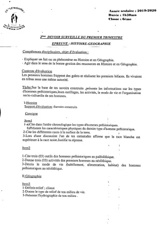 Première page de Histoire-Géographie 6e — 2e devoir surveillé, 1er trimestre (2019-2020) · CPEG ROSAIRE