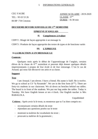 Première page de Anglais 6e — 2e devoir surveillé, 1er semestre (2019-2020) · CEG Yagbe
