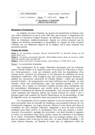 Première page de Français 1ère A1, 1ère A2, 1ère B, 1ère C, 1ère D — Devoir surveillé, 2e semestre (2018-2019) · CEG OKEDAMA