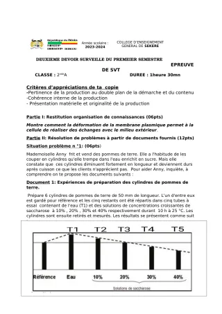 Première page de SVT 2nde A2 — 2e devoir surveillé (2023-2024) · CEG SEKERE