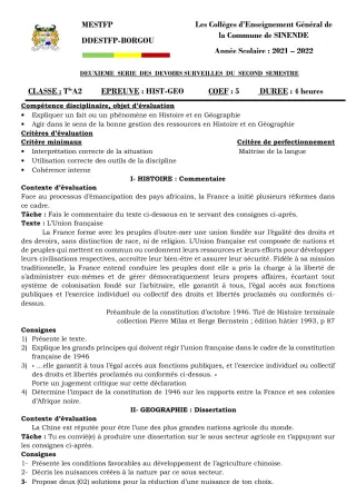 Première page de Histoire-Géographie Tle A2 — 2e devoir surveillé, 2e semestre (2021-2022) · CEG SEKERE
