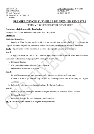 Première page de Histoire-Géographie 5e — 1er devoir surveillé, 1er semestre (2019-2020) · CEG FIYEGNON