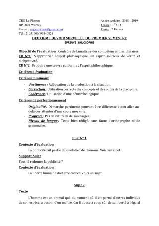 Première page de Philosophie Tle C — 2e devoir surveillé, 1er semestre (2018-2019) · CEG Le Plateau