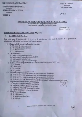 Première page de Épreuve BAC 2024 SVT série d 2nd tour burina fasso