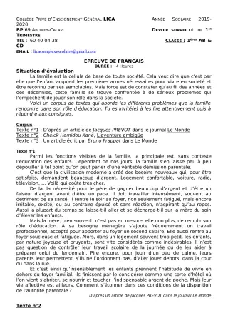 Première page de Français 2nde A2, 2nde B, 2nde D, 1ère A2, 1ère B, 1ère C, 1ère D, Tle A2, Tle B, Tle C, Tle D — Devoir surveillé, 1er trimestre (2019-2020) · CPEG LICA