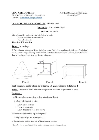 Première page de Mathématiques 6e — Devoir surveillé, 1er trimestre (2022-2023) · CPEG MARIA-CAROLE