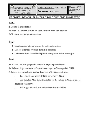 Première page de Histoire-Géographie 5e — 1er devoir surveillé, 2e trimestre (2021-2022) · CPEG Miracle de Dieu