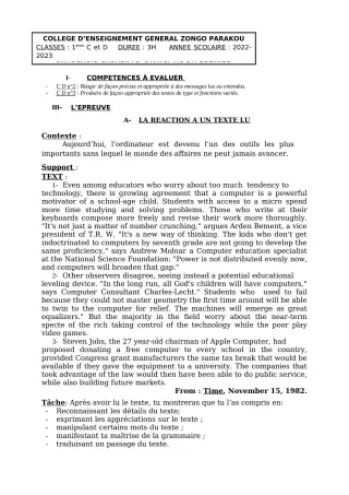 Première page de Anglais 1ère C, 1ère D — 2e devoir surveillé (2022-2023) · CEG ZONGO
