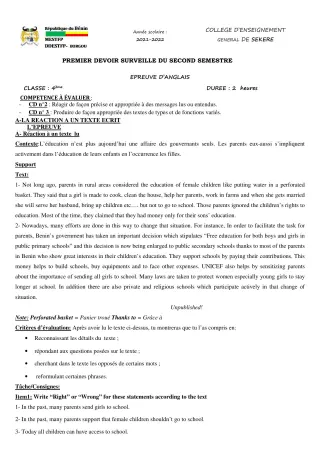 Première page de Anglais 4e — 1er devoir surveillé, 2e semestre (2021-2022) · CEG SEKERE