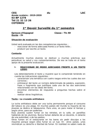 Première page de Espagnol Tle A2, Tle B — 1er devoir surveillé, 1er semestre (2019-2020) · CEG du Lac