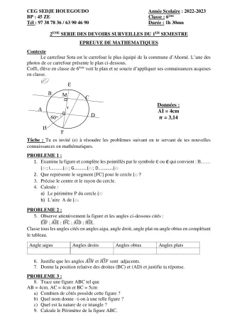 Première page de Mathématiques 6e — 2e devoir surveillé, 1er semestre (2022-2023) · CEG Sèdjè-Houègoudo
