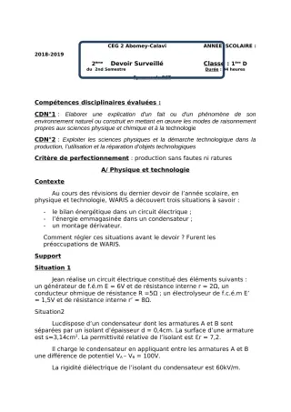 Première page de PCT 1ère D — Devoir surveillé, 2e semestre (2018-2019) · CEG2 ABOMEY - CALAVI (CEG ZOCA)