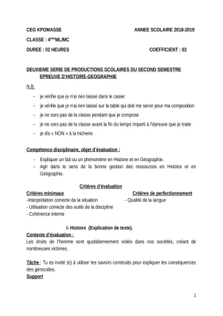 Première page de Histoire-Géographie 4e — 2e production scolaire, 2e semestre (2018-2019) · CEG Kpomassè