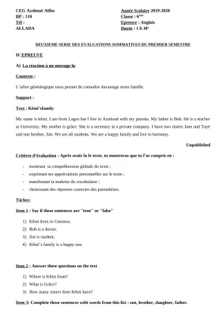 Première page de Anglais 6e — 2e évaluation sommative, 1er semestre (2019-2020) · CEG AZOHOUE-ALIHO
