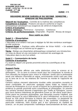 Première page de Philosophie 2nde B — 2e devoir surveillé, 2e semestre (2019-2020) · CEG du Lac