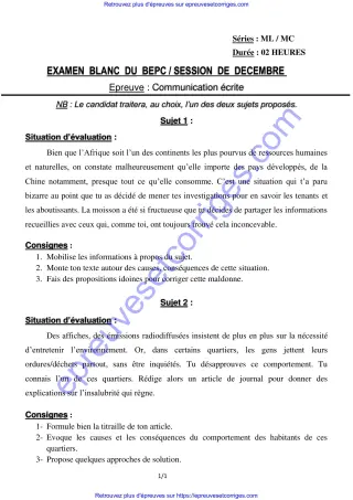 Première page de BEPC 2026 – Communication écrite Séries , Bepc blanc décembre 2025 (ressources africaines, environnement et rédaction)