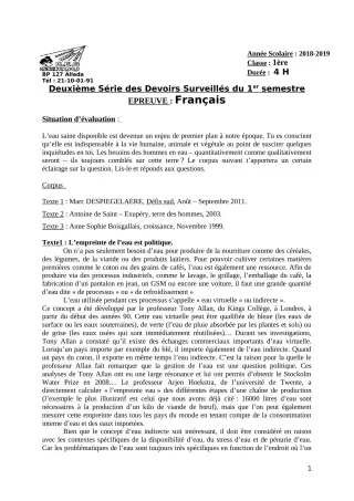 Première page de Français 1ère A — 2e devoir surveillé, 1er semestre (2018-2019) · CEG Sékou