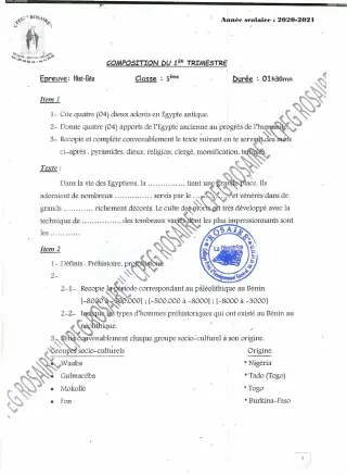 Première page de Histoire-Géographie 5e — 1re composition, 1er trimestre (2020-2021) · CPEG ROSAIRE