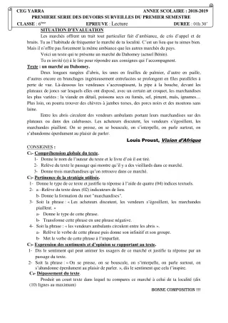 Première page de Français 6e — 1er devoir surveillé, 1er semestre (2018-2019) · CEG Yarra