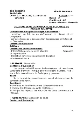 Première page de Histoire-Géographie 3e, 3e ML, 2nde C, 2nde D, 1ère C, 1ère D, Tle C, Tle D — 2e production scolaire, 1er semestre (2019-2020) · CEG SEGBEYA