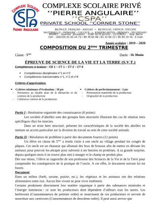 Première page de SVT 5e — Composition (2019-2020) · CPEG PIERRE ANGULAIRE