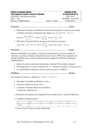 Première page de Épreuve BAC 2019 mathématiques série TLL Mali