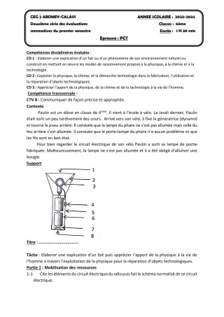 Première page de PCT 6e — 2e évaluation sommative, 1er semestre (2023-2024) · CEG2 ABOMEY - CALAVI (CEG ZOCA)