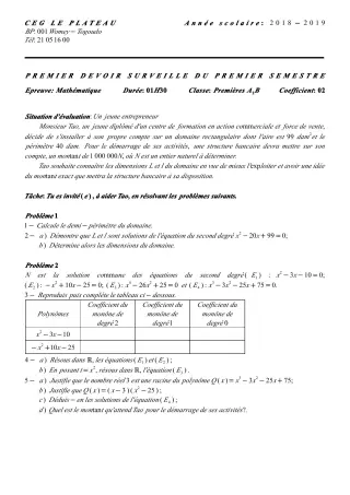 Première page de Mathématiques 1ère B — Devoir surveillé, 1er semestre (2018-2019) · CEG Le Plateau