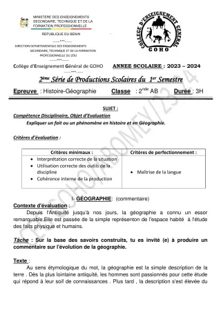 Première page de Histoire-Géographie 2nde A & B — 2e production scolaire, 1er semestre (2023-2024) · CEG GOHO