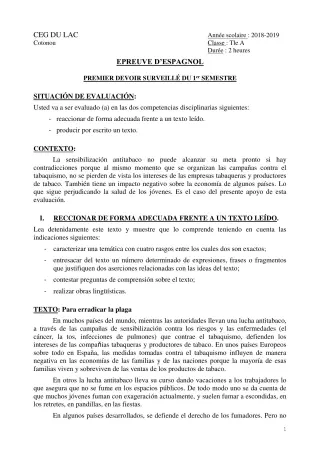 Première page de Espagnol Tle A2, Tle B — 1er devoir surveillé, 1er semestre (2018-2019) · CEG du Lac