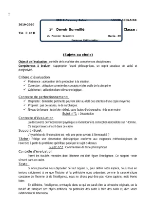 Première page de Philosophie Tle C, Tle D — 1er devoir surveillé, 1er semestre (2018-2019) · CEG2 ABOMEY - CALAVI (CEG ZOCA)
