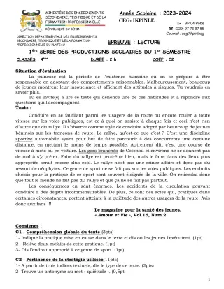 Première page de Français 4e — 1re production scolaire, 1er semestre (2023-2024) · CEG1 Ikpinlè