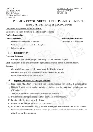 Première page de Histoire-Géographie 2nde C, 2nde D — 1er devoir surveillé, 1er semestre (2020-2021) · CEG FIYEGNON