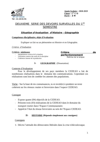 Première page de Histoire-Géographie 1ère D — 2e devoir surveillé, 1er semestre (2018-2019) · CEG Sékou