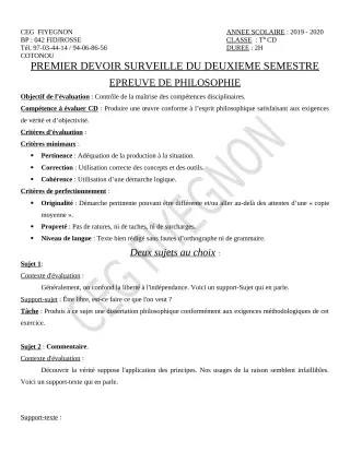 Première page de Philosophie Tle C, Tle D — 1er devoir surveillé, 2e semestre (2019-2020) · CEG FIYEGNON