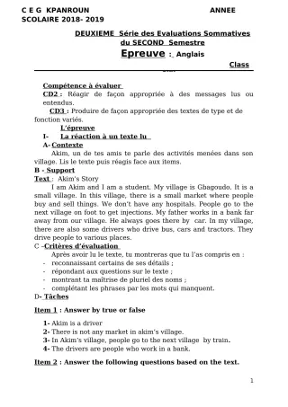 Première page de Anglais 6e — 2e évaluation sommative, 2e semestre (2018-2019) · CEG Kpanroun