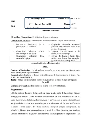 Première page de Philosophie 2nde A, 2nde B — 2e devoir surveillé, 2e semestre (2018-2019) · CEG2 ABOMEY - CALAVI (CEG ZOCA)
