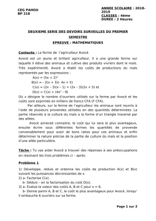 Première page de Mathématiques 4e, 4e ML — 2e devoir surveillé, 1er semestre (2018-2019) · CEG PAHOU