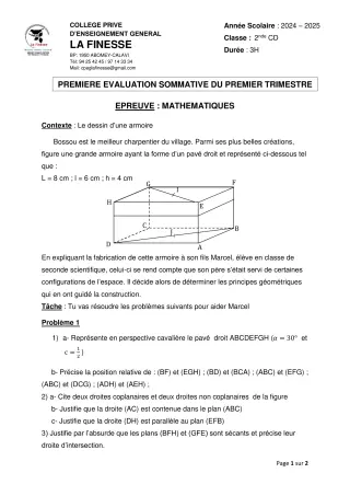 Première page de Mathématiques 2nde C, 2nde D — 1re évaluation sommative, 1er trimestre (2024-2025) · CPEG La Finesse