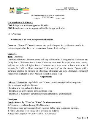 Première page de Anglais 6e — 2e devoir surveillé, 2e semestre (2023-2024) · CEG SEKERE