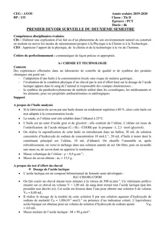Première page de PCT Tle D — 1er devoir surveillé, 2e semestre (2019-2020) · CEG AYOU