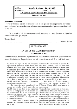 Première page de Français 3e, 3e ML — 1er devoir surveillé, 2e semestre (2018-2019) · CEG Banikanni